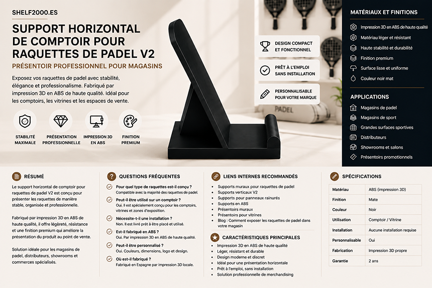 Support horizontal de comptoir pour raquettes de padel V2 fabriqué par impression 3D en ABS de haute qualité pour magasins de padel, vitrines et espaces de vente.